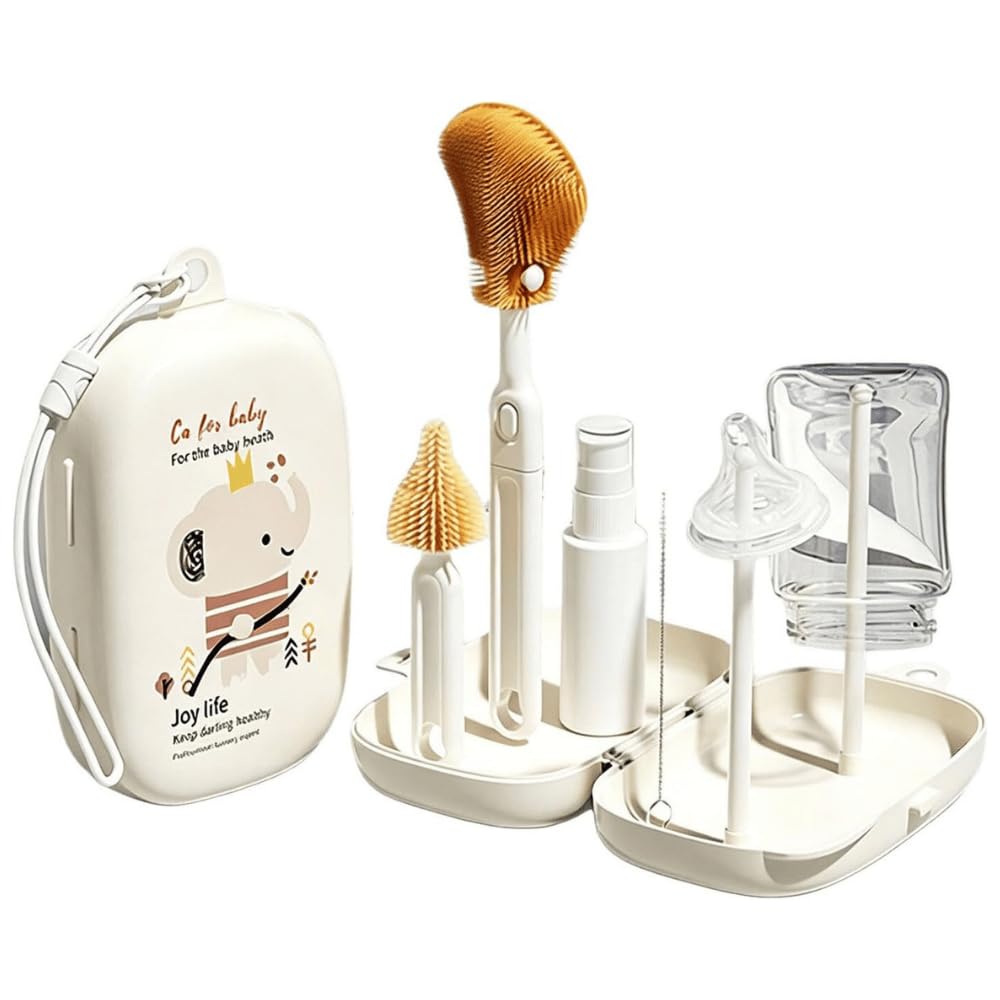 7-in-1 Silicone Baby Bottle Brush Set with Drying Rack – Light Cream - SAFER GIGGLES