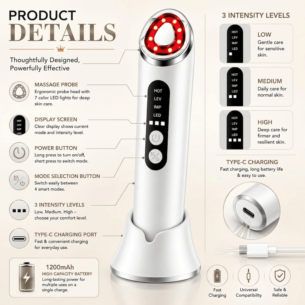 LED Face & Neck Massager – 7-Colour Light Therapy, EMS & Heat - SAFER GIGGLES