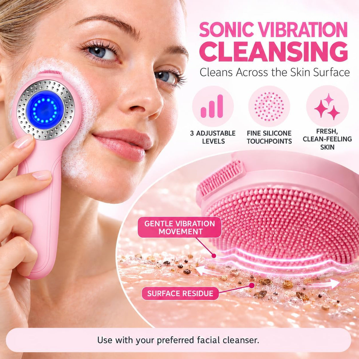 LED Facial Cleansing Brush with Warming Massage – Pink - SAFER GIGGLES