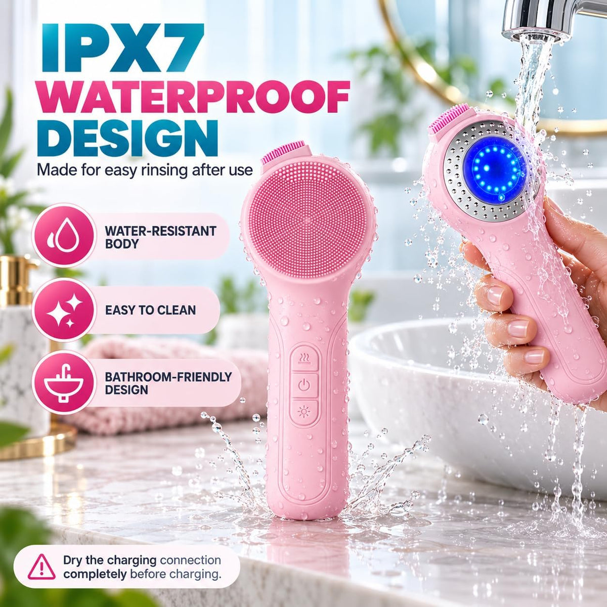 LED Facial Cleansing Brush with Warming Massage – Pink - SAFER GIGGLES