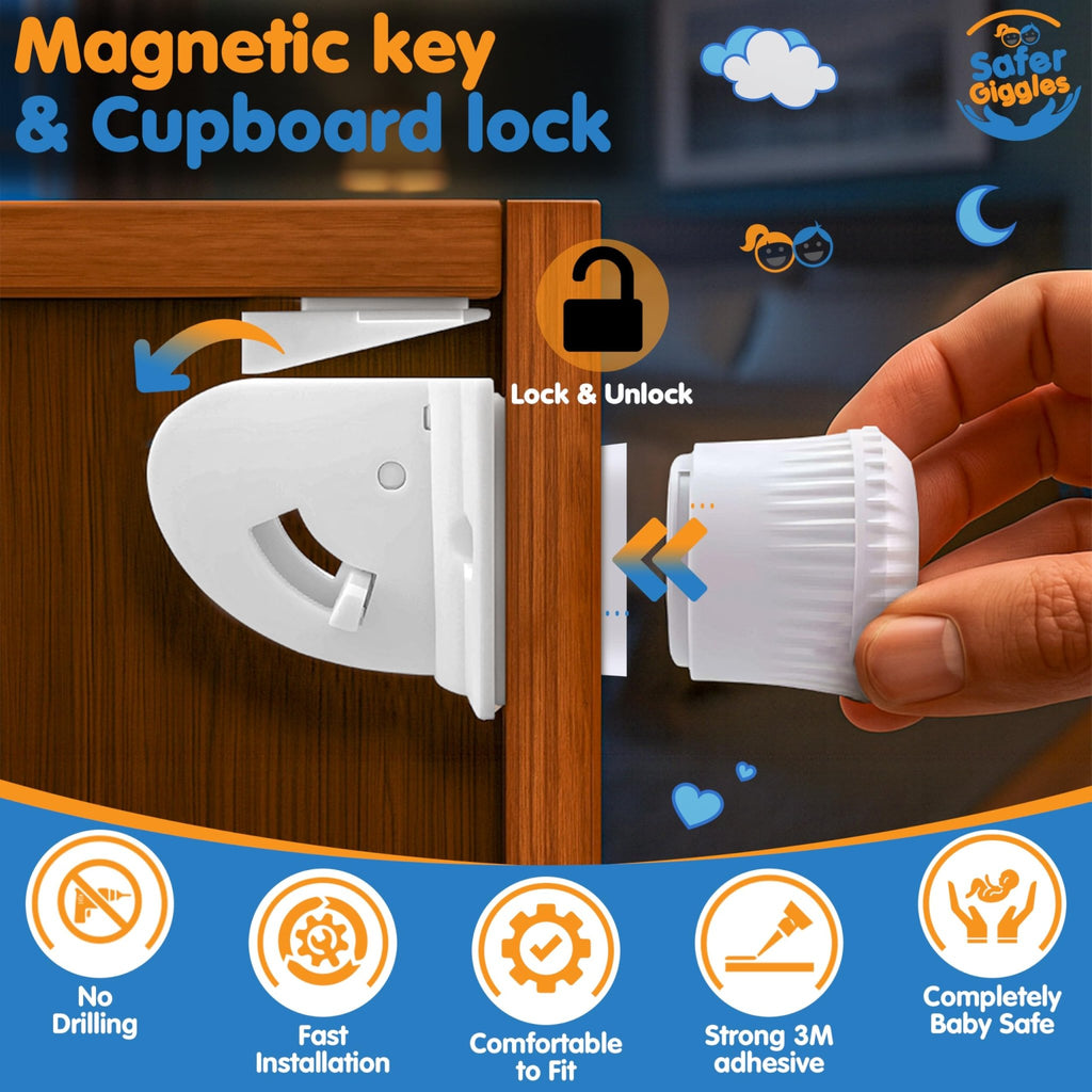 Magnetic Cupboard Locks for Baby Safety – 4 Pack with Key - SAFER GIGGLES