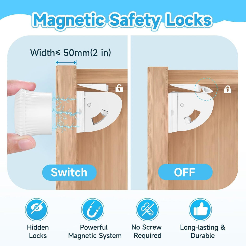Magnetic Cupboard Locks for Baby Safety – 4 Pack with Key - SAFER GIGGLES