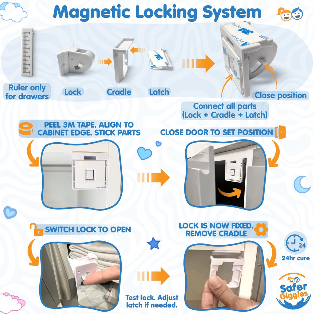 Magnetic Cupboard Locks for Baby Safety – 4 Pack with Key - SAFER GIGGLES